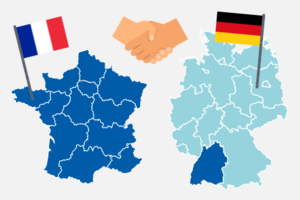 Schéma de l'Allemagne et de la France avec leurs drapeaux respectifs et le symbole des deux mains jointes