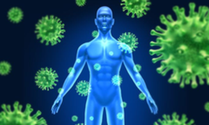 [Translate to Français:] Eine blaue menschliche Figur  Une silhouette humaine bleue entourée de cellules de virus hautement amplifiésvon stark vergrößerten Viren